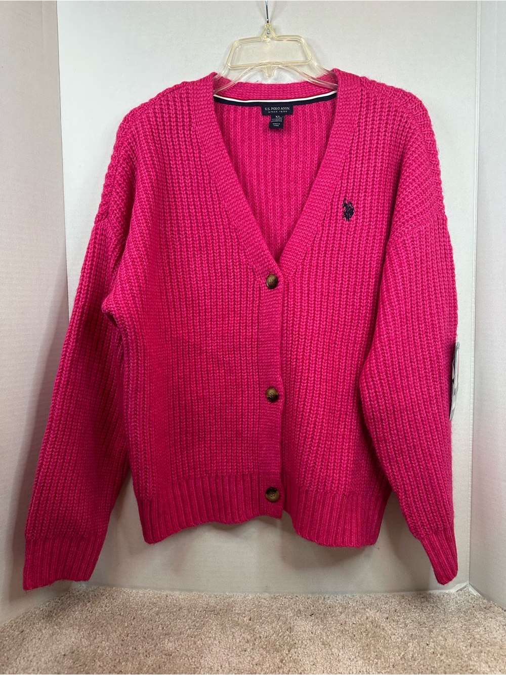 U.S. Polo Assn. Hot Pink Chunky V-Neck Cardigan, size XL, NWT
